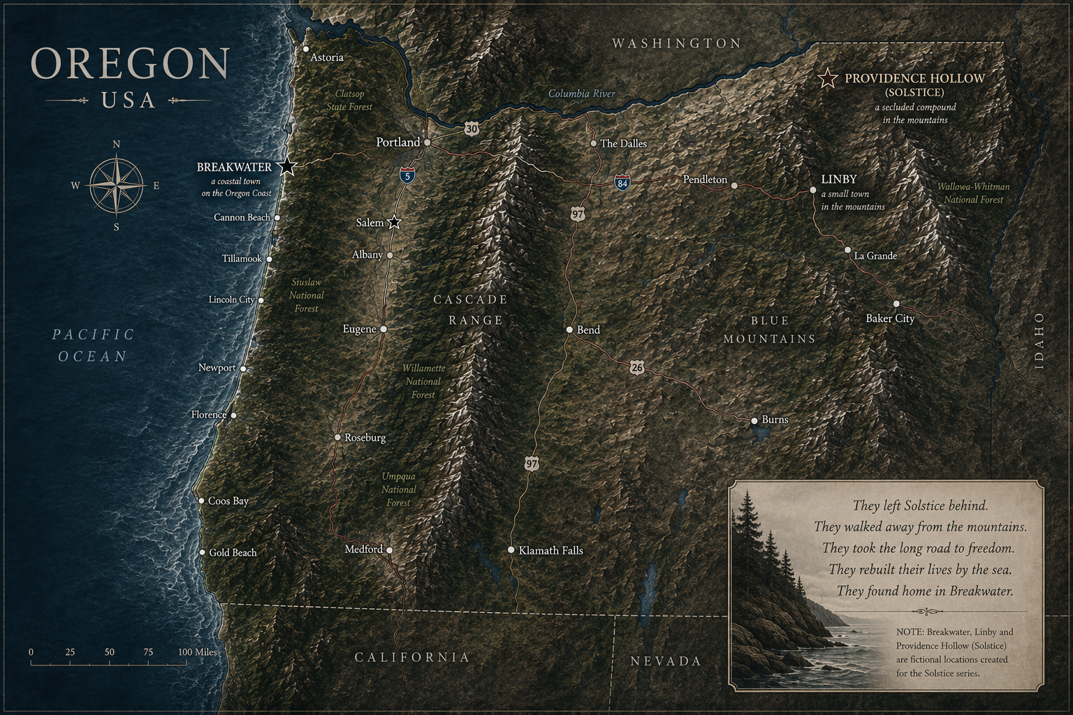 Map of Oregon, USA, with the fictional towns of Providence Hollow, Linby and Breakwater.